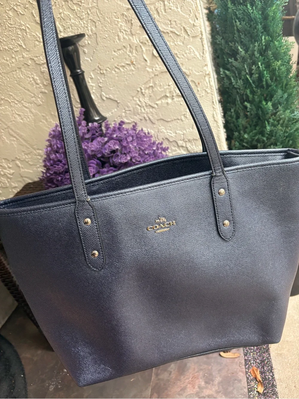 Coach navy blue/denim/metallic Leather Tote with silver logo Accent